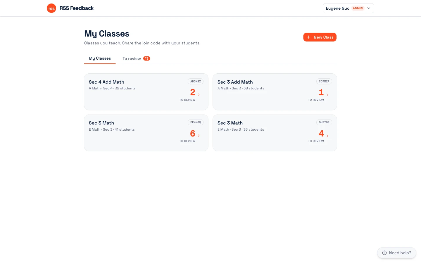 The RSS Feedback teacher dashboard showing math classes