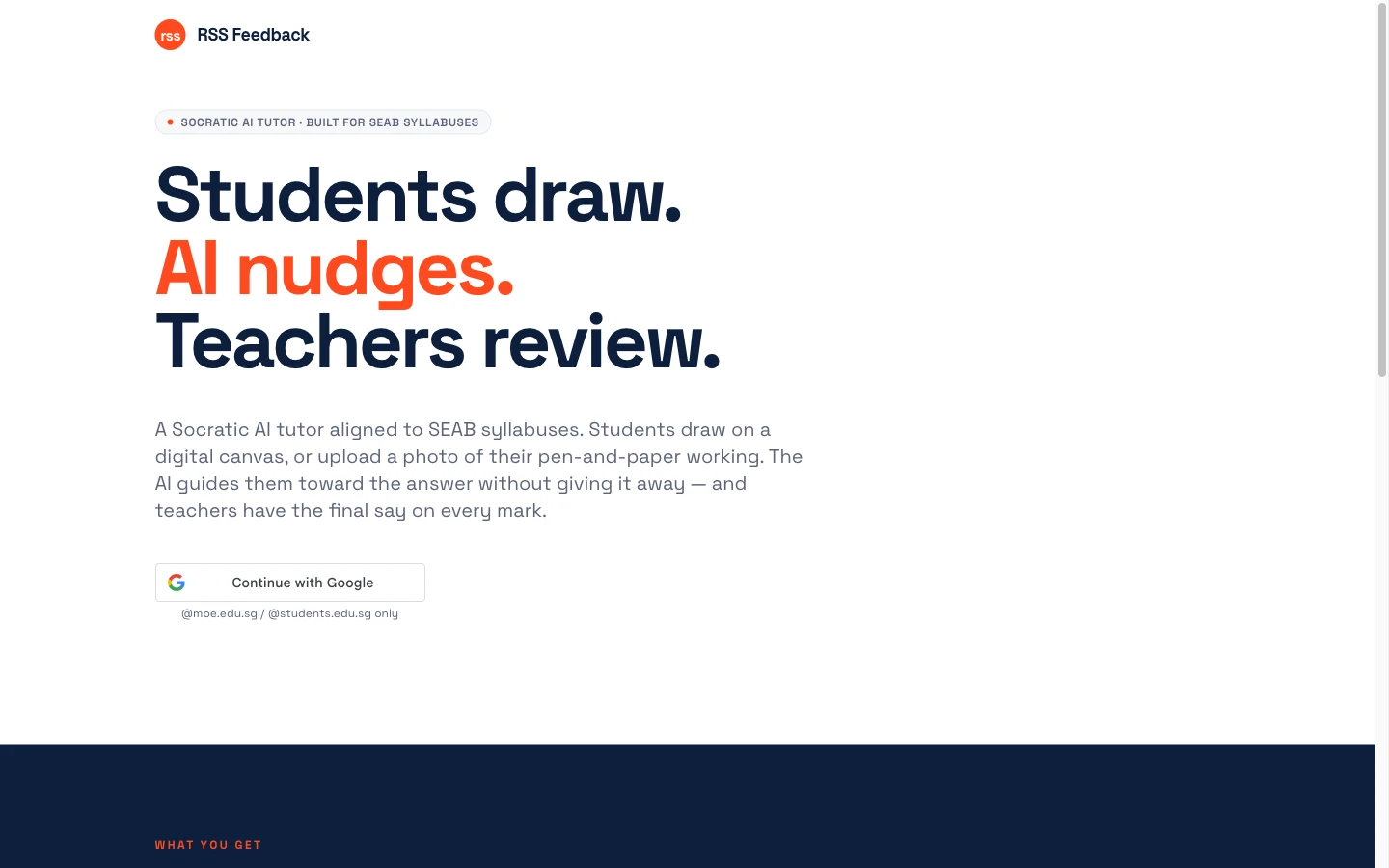 The RSS Feedback landing page: students draw, AI nudges, teachers review